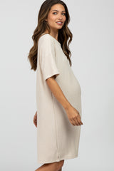 Beige Ribbed Front Pocket Maternity Dress