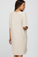 Beige Ribbed Front Pocket Maternity Dress