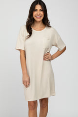 Beige Ribbed Front Pocket Maternity Dress