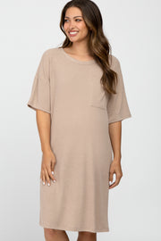 Light Mocha Ribbed Front Pocket Maternity Dress