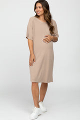 Light Mocha Ribbed Front Pocket Maternity Dress