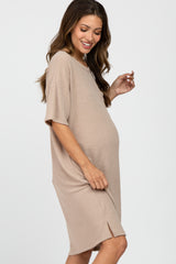 Light Mocha Ribbed Front Pocket Maternity Dress