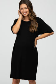 Black Ribbed Front Pocket Maternity Dress