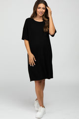 Black Ribbed Front Pocket Maternity Dress