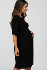 Black Ribbed Front Pocket Maternity Dress