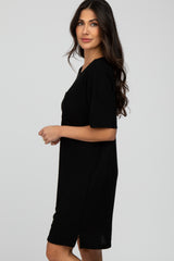 Black Ribbed Front Pocket Dress