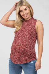 Burgundy Leopard Print Mock Neck Maternity Blouse