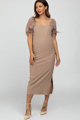 Mocha Ruched Sleeve Maternity Midi Dress