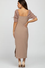 Mocha Ruched Sleeve Maternity Midi Dress