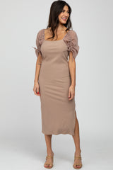 Mocha Ruched Sleeve Maternity Midi Dress