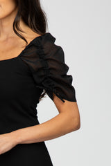 Black Ruched Sleeve Midi Dress