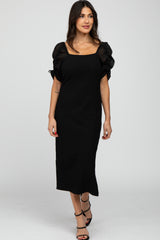 Black Ruched Sleeve Midi Dress