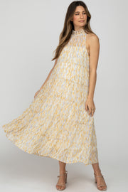 Yellow Printed Sleeveless Tiered Maternity Midi Dress