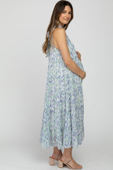 Blue Printed Sleeveless Tiered Maternity Midi Dress