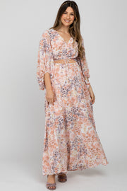 Peach Floral Front Cutout Maternity Maxi Dress