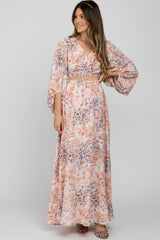 Peach Floral Front Cutout Maternity Maxi Dress