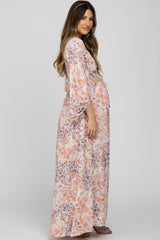 Peach Floral Front Cutout Maternity Maxi Dress