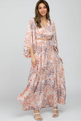 Peach Floral Front Cutout Maternity Maxi Dress