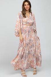 Peach Floral Front Cutout Maxi Dress