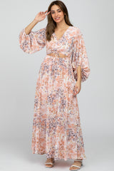 Peach Floral Front Cutout Maxi Dress