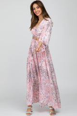 Pink Floral Front Cutout Maxi Dress