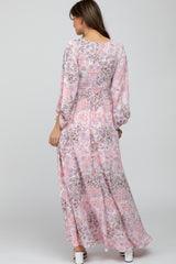 Pink Floral Front Cutout Maxi Dress