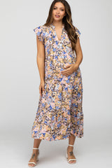 Navy Floral Ruffle Accent Maternity Midi Dress