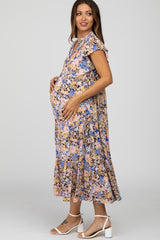 Navy Floral Ruffle Accent Maternity Midi Dress