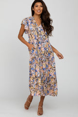 Navy Floral Ruffle Accent Maternity Midi Dress