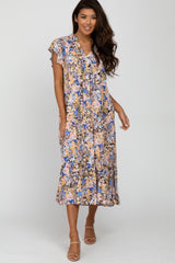 Navy Floral Ruffle Accent Midi Dress