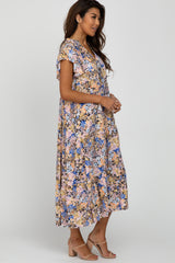 Navy Floral Ruffle Accent Midi Dress