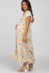 Beige Floral Ruffle Accent Maternity Midi Dress