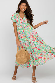 Mint Floral Ruffle Accent Midi Dress