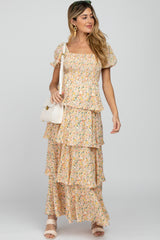 Yellow Floral Square Neck Ruffle Layered Maternity Maxi Dress