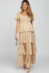 Yellow Floral Square Neck Ruffle Layered Maternity Maxi Dress