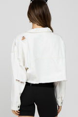 White Raw Hem Cropped Maternity Jean Jacket