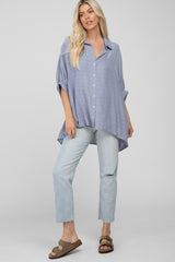 Blue Button Front Collared Oversized Blouse