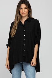 Black Button Front Collared Oversized Maternity Blouse