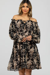 Black Floral Chiffon Off Shoulder Tied Waist Maternity Dress