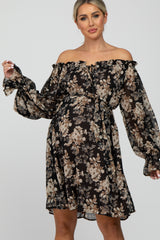 Black Floral Chiffon Off Shoulder Tied Waist Maternity Dress