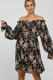 Black Floral Chiffon Off Shoulder Tied Waist Maternity Dress