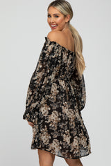 Black Floral Chiffon Off Shoulder Tied Waist Maternity Dress