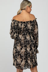 Black Floral Chiffon Off Shoulder Tied Waist Maternity Dress