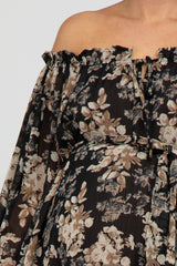 Black Floral Chiffon Off Shoulder Tied Waist Maternity Dress