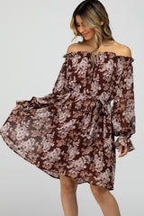 Brown Floral Chiffon Off Shoulder Tied Waist Dress