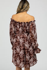 Brown Floral Chiffon Off Shoulder Tied Waist Dress