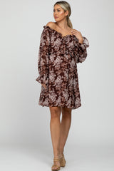 Brown Floral Chiffon Off Shoulder Tied Waist Maternity Dress