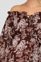 Brown Floral Chiffon Off Shoulder Tied Waist Maternity Dress