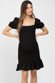 Black Smocked Puff Sleeve Maternity Dress