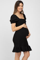 Black Smocked Puff Sleeve Maternity Dress